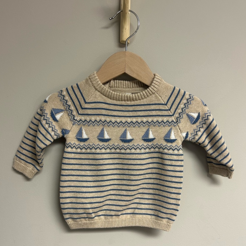 H&M Striped Beige and Blue Sweater with Sailboats